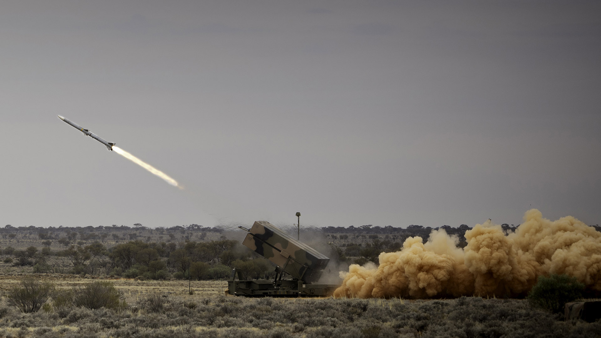 The National Advanced Surface to Air Missile System fires an AIM-120 Advanced Medium Range Air to Air Missile during it's first ever Australian live-fire at Woomera Test Range in South Australia on 14 November 2023